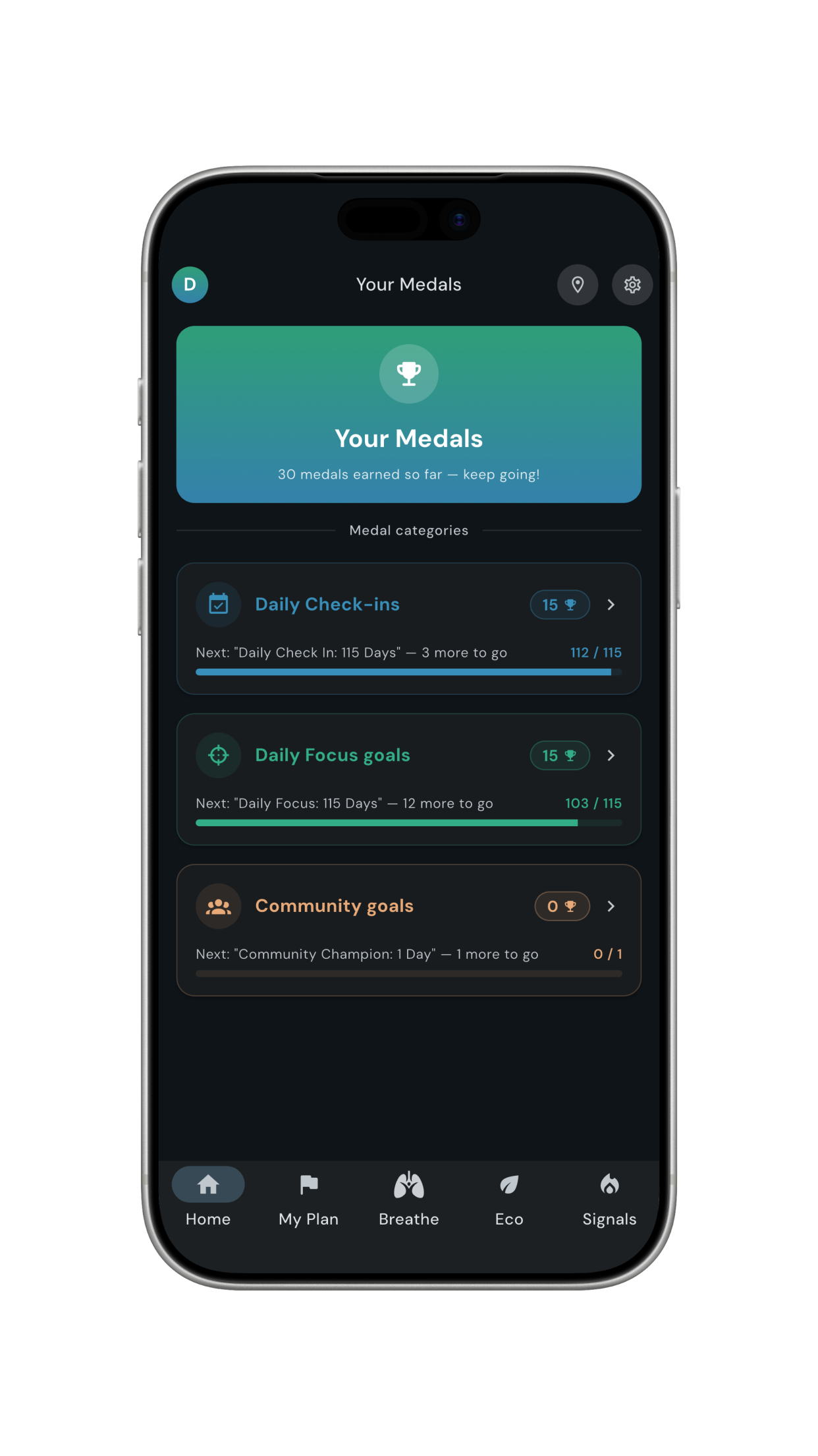 Progress achievement screen in the Breathe Free with Me app