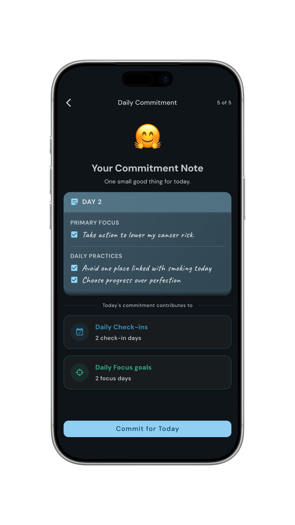 Daily commitment screen in the Breathe Free with Me app
